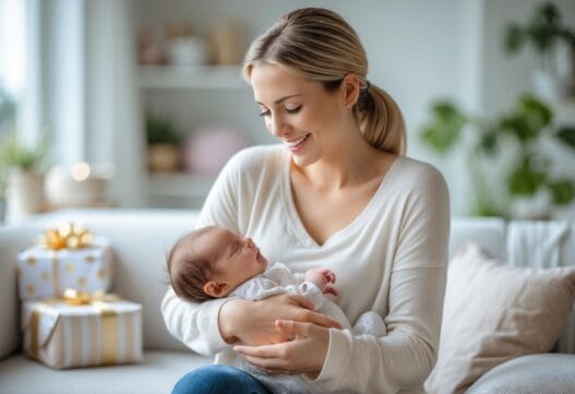 Professionelt billede med gaveidéer til nybagte mødre, elegant og indbydende komposition.